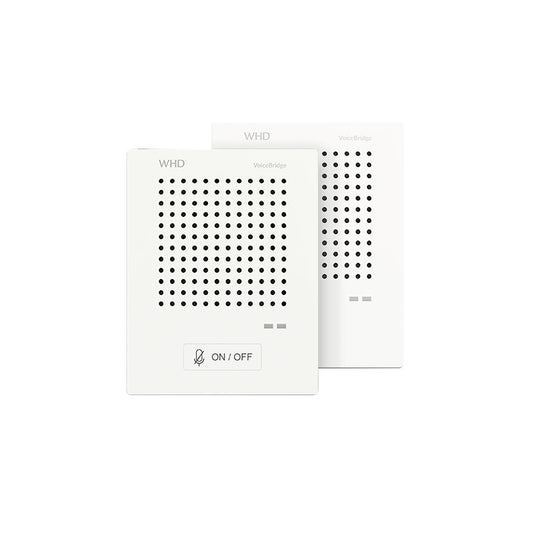 VoiceBridge standard intercom system, 2 intercom units, HxW 110.5 x 86 mm, touch-free, mains powered.