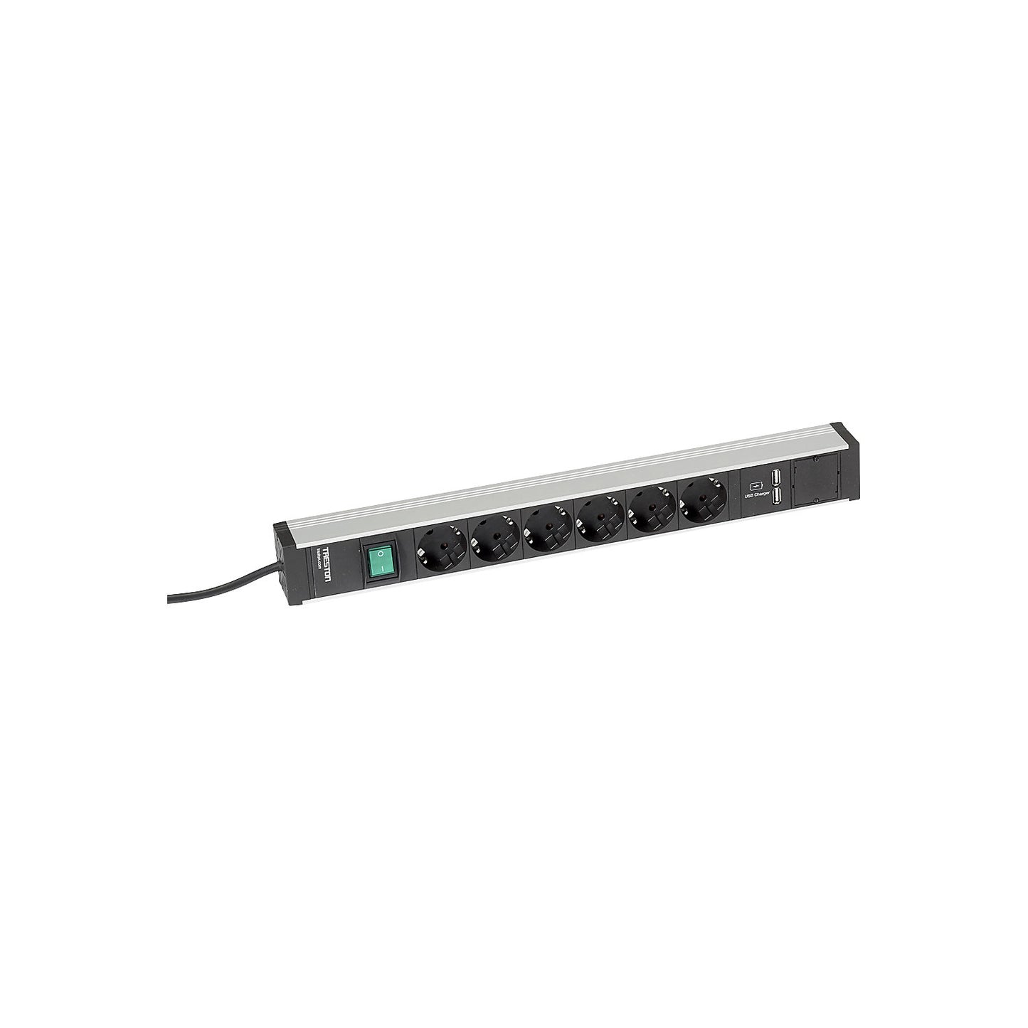Trailing socket for work tables, 6 sockets, switch, 2 x USB, length 468 mm.