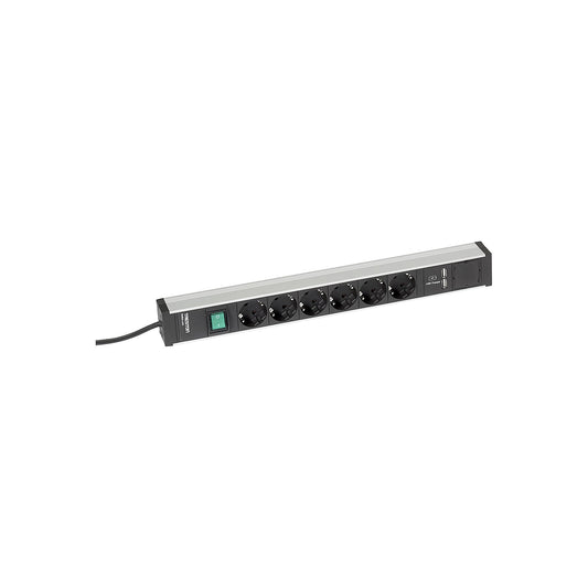 Trailing socket for work tables, 6 sockets, switch, 2 x USB, length 468 mm.