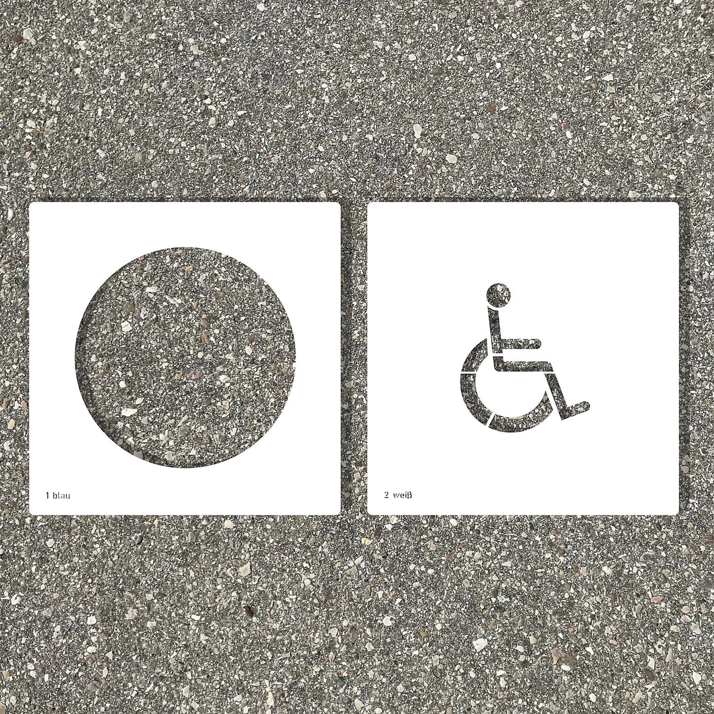 Floor stencil, wheelchair user, plastic.