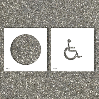 Floor stencil, wheelchair user, plastic.
