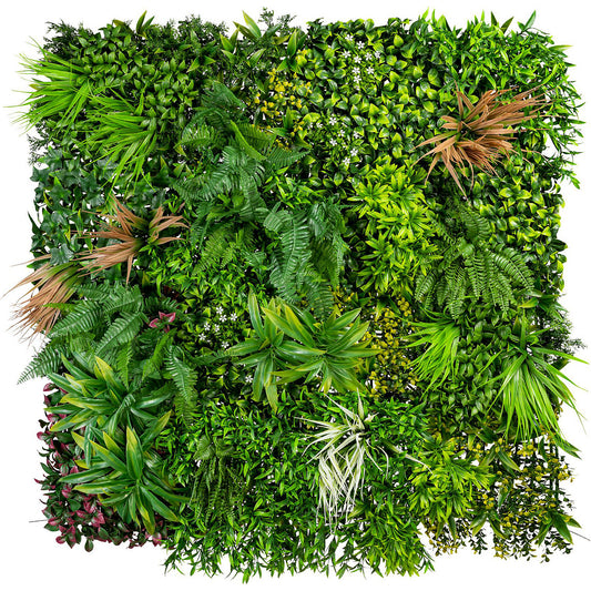 Leafy green panel, with ferns, grasses and flowers, LxWxH 1000 x 1000 x 120 mm, UV resistant.