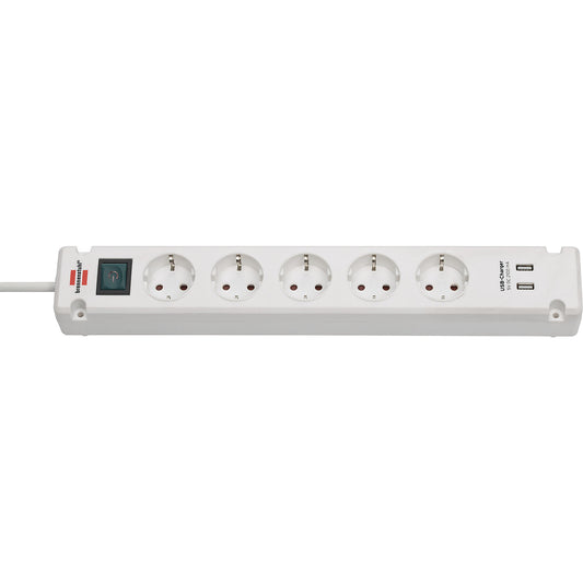 BREMOUNTA five-way trailing socket, with USB charging function and switch, white.