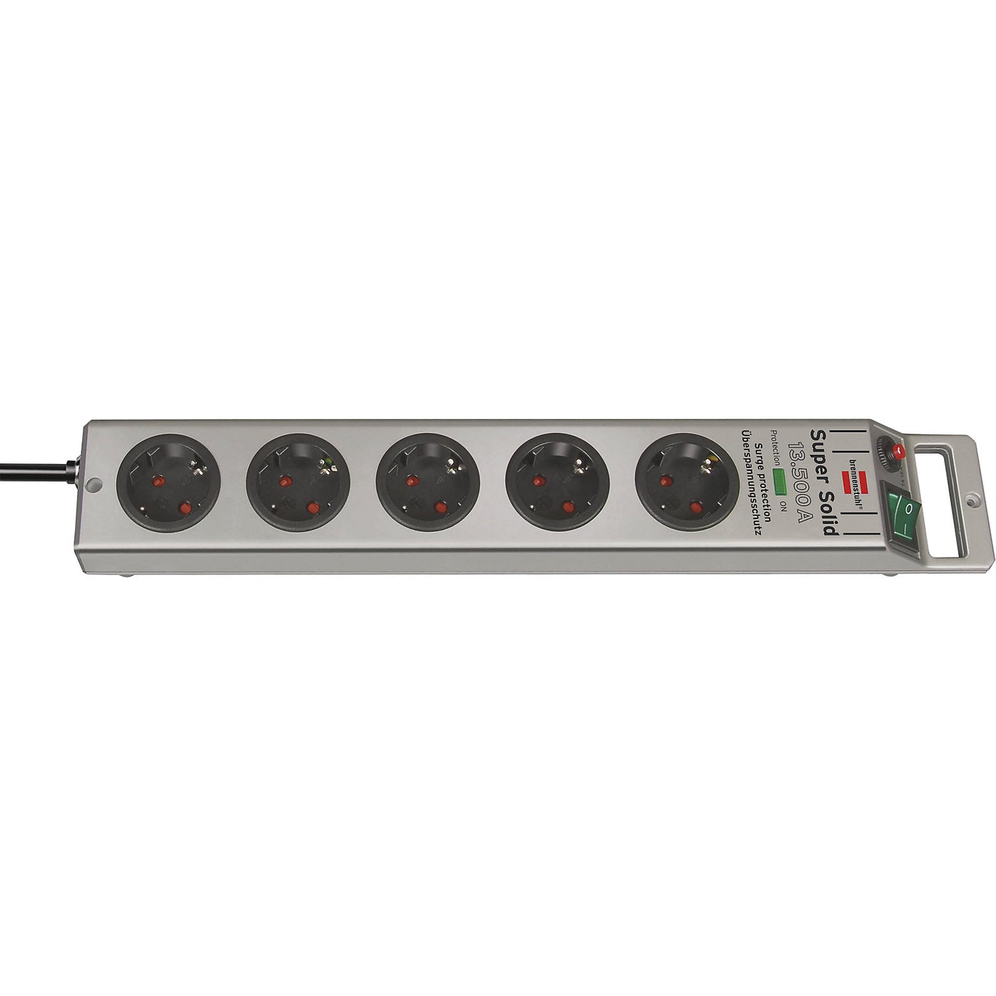 Super-Solid trailing socket, 5 sockets, with switch, overvoltage protection 13500 A.