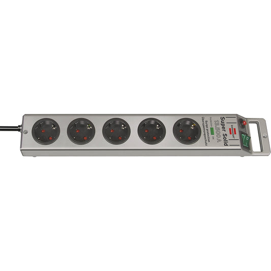 Super-Solid trailing socket, 5 sockets, with switch, overvoltage protection 13500 A.