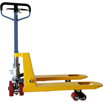 Pallet truck with brake, max. load 2500 kg, fork length 800 mm.