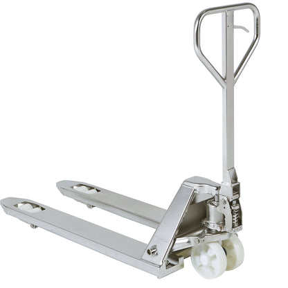 Stainless steel pallet truck, tandem fork roller, 1+ items.