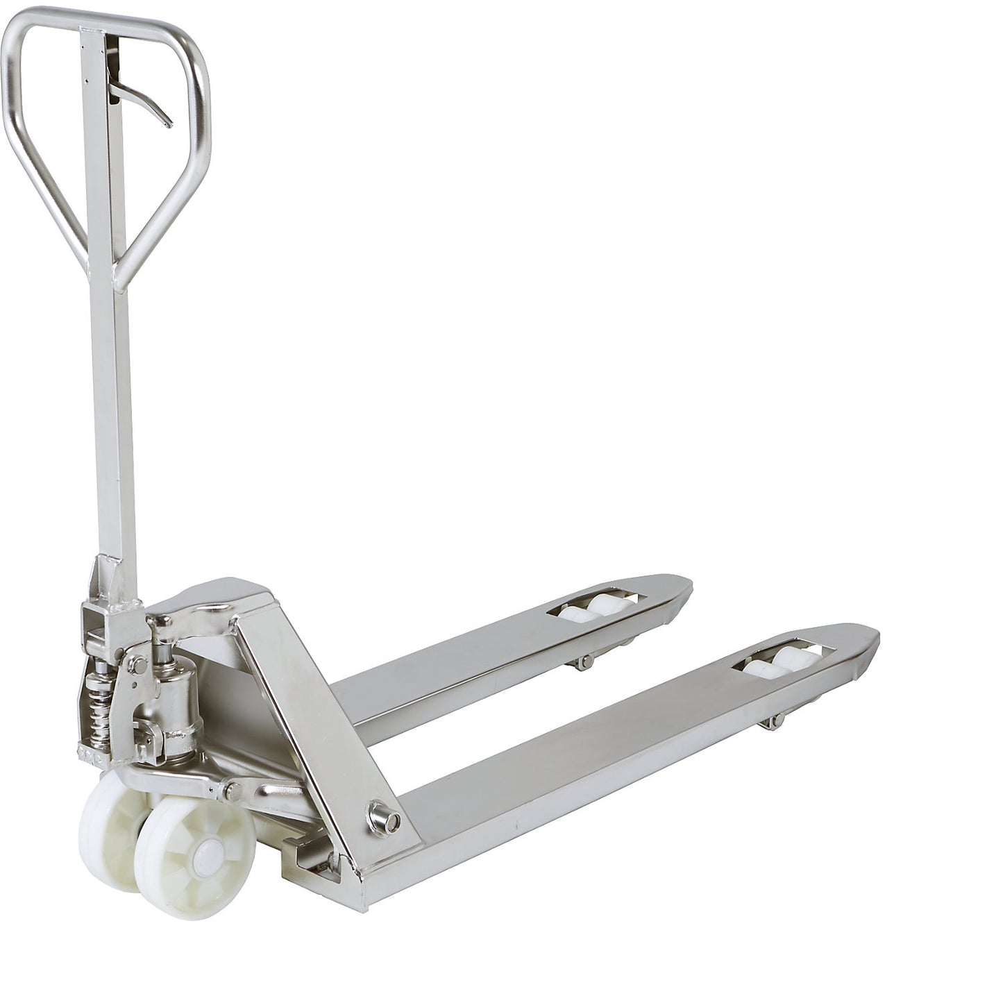 Stainless steel pallet truck, tandem fork roller, 1+ items.