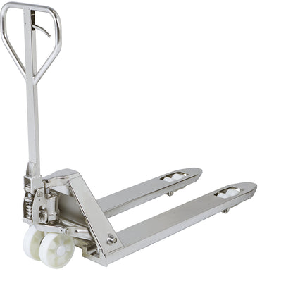 Stainless steel pallet truck, tandem fork roller, 1+ items.