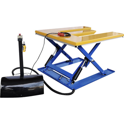 Low profile lift table, E shaped, max. load 1200 kg, hand operated control unit.