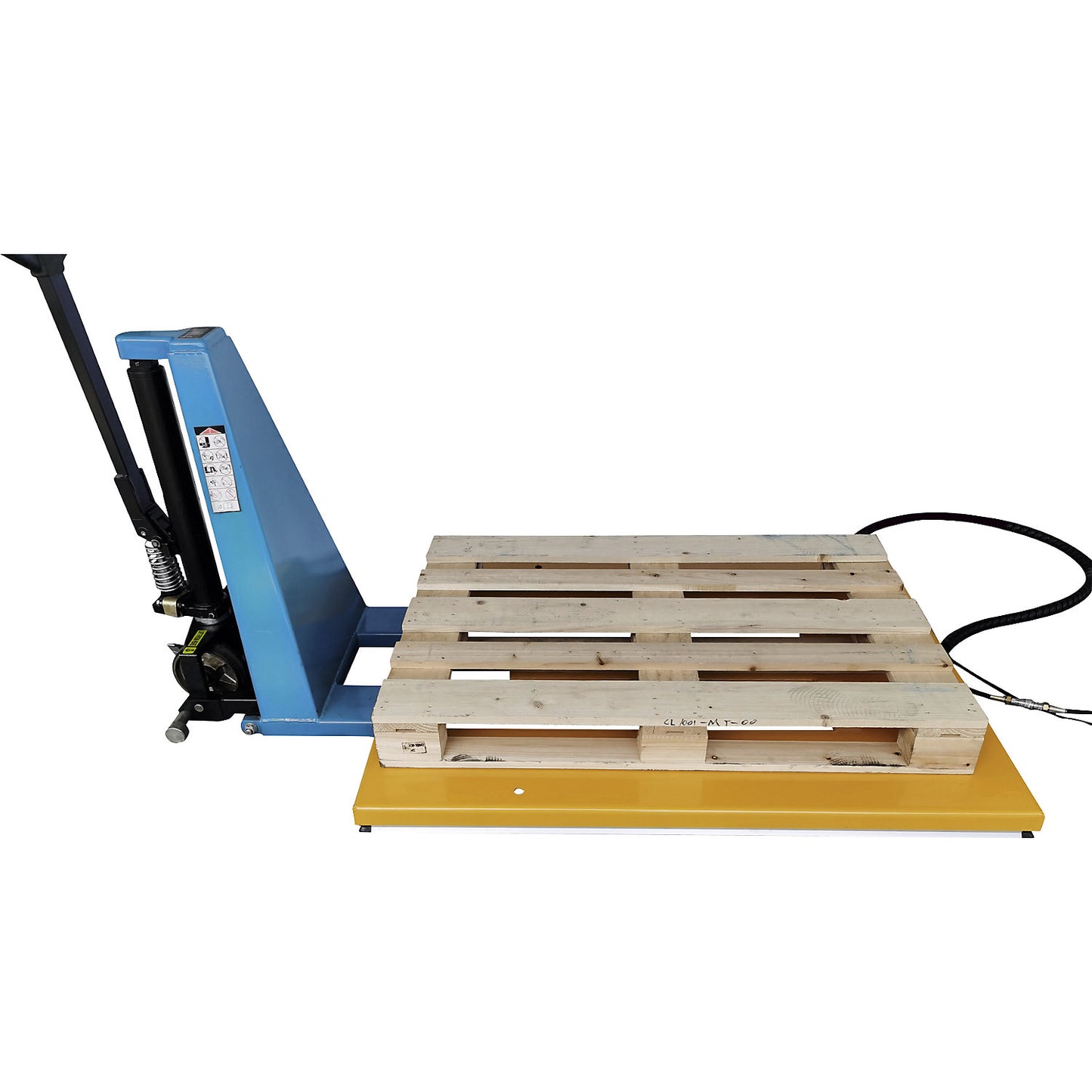 Low profile lift table, E shaped, max. load 1200 kg, hand operated control unit.
