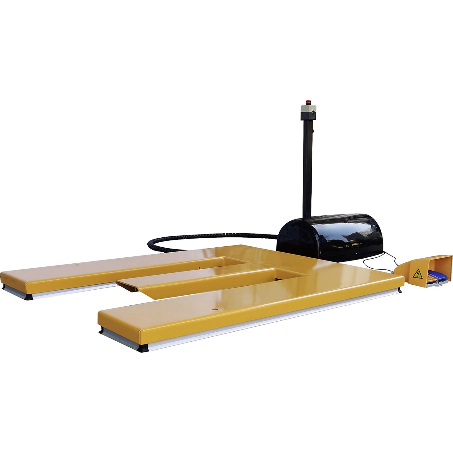 Low profile lift table, E shaped, max. load 1200 kg, foot operated control unit.