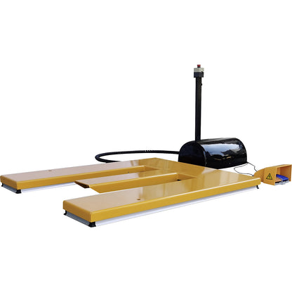 Low profile lift table, E shaped, max. load 1200 kg, foot operated control unit.