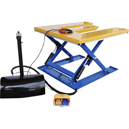 Low profile lift table, E shaped, max. load 1200 kg, foot operated control unit.