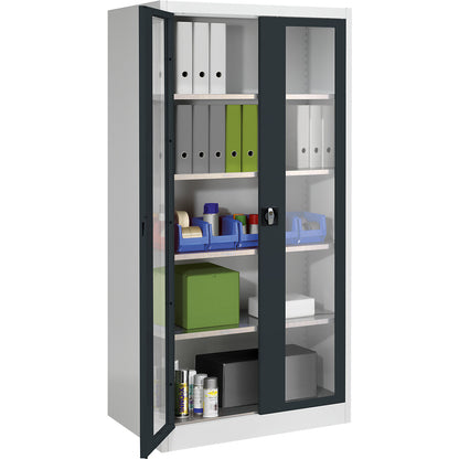 Vision panel double door cupboard, with 4 shelves, HxW 1950 x 950 mm, depth 600 mm, light grey/charcoal.