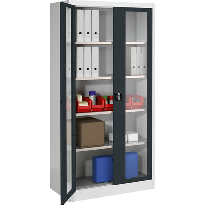 Vision panel double door cupboard, with 4 shelves, HxW 1950 x 950 mm, depth 500 mm, light grey/charcoal.