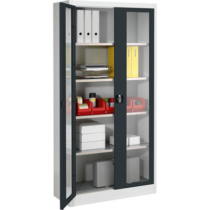 Vision panel double door cupboard, with 4 shelves, HxW 1950 x 950 mm, depth 420 mm, light grey/charcoal.