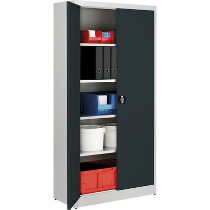 Heavy duty double door cupboard, HxW 1950 x 950 mm, depth 420 mm, light grey/charcoal.