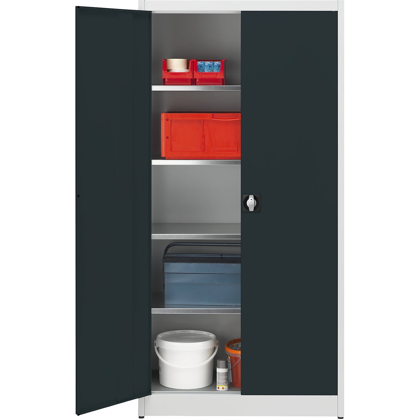 Heavy duty double door cupboard, HxW 1950 x 950 mm, depth 500 mm, light grey/charcoal.