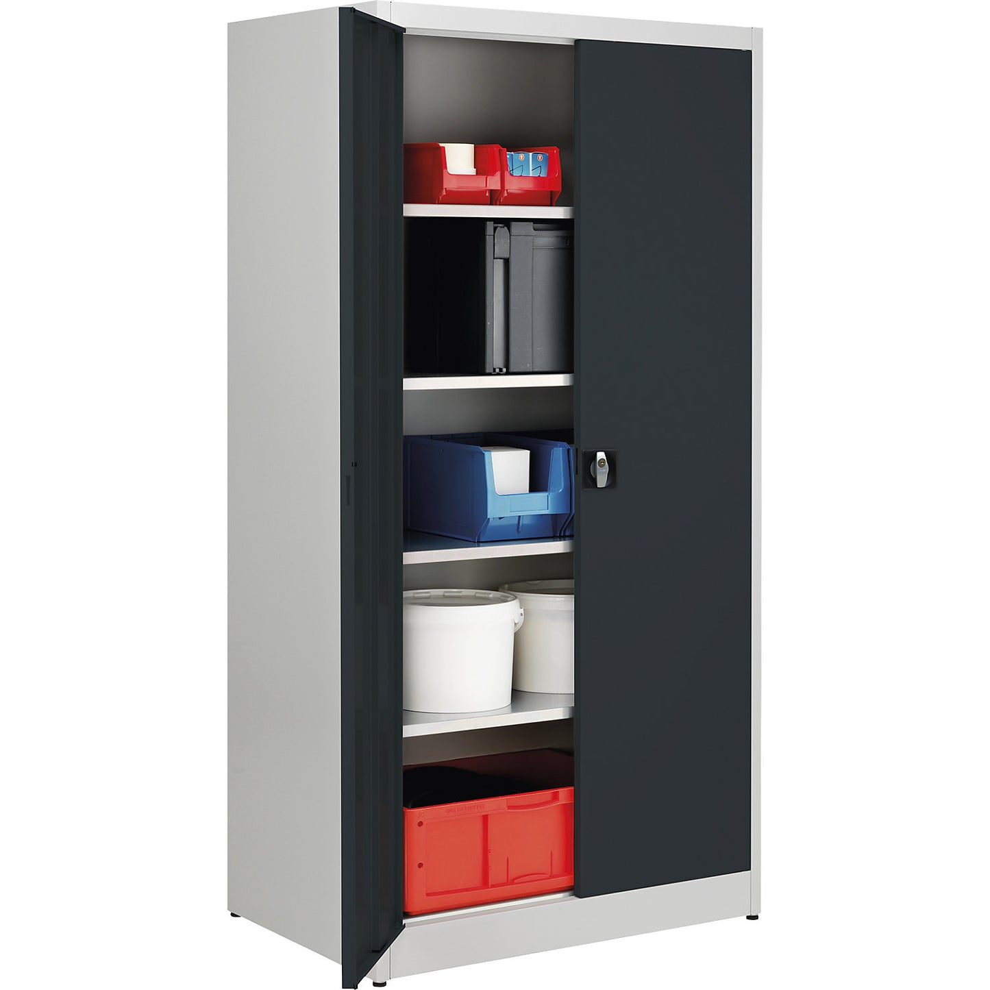 Heavy duty double door cupboard, HxW 1950 x 950 mm, depth 600 mm, light grey/charcoal.