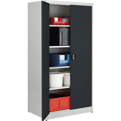 Heavy duty double door cupboard, HxW 1950 x 950 mm, depth 600 mm, light grey/charcoal.