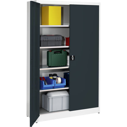Heavy duty double door cupboard, HxW 1950 x 1200 mm, depth 420 mm, light grey/charcoal.