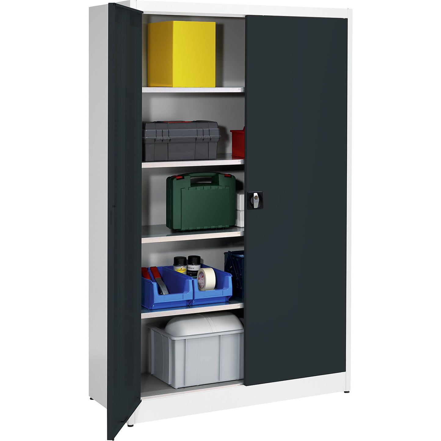 Heavy duty double door cupboard, HxW 1950 x 1200 mm, depth 500 mm, light grey/charcoal.