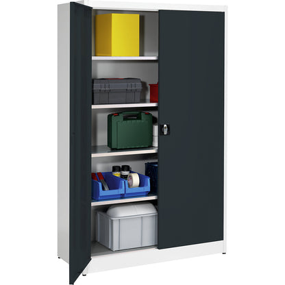 Heavy duty double door cupboard, HxW 1950 x 1200 mm, depth 500 mm, light grey/charcoal.