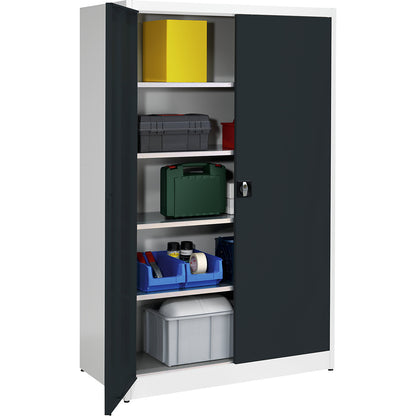 Heavy duty double door cupboard, HxW 1950 x 1200 mm, depth 600 mm, light grey/charcoal.