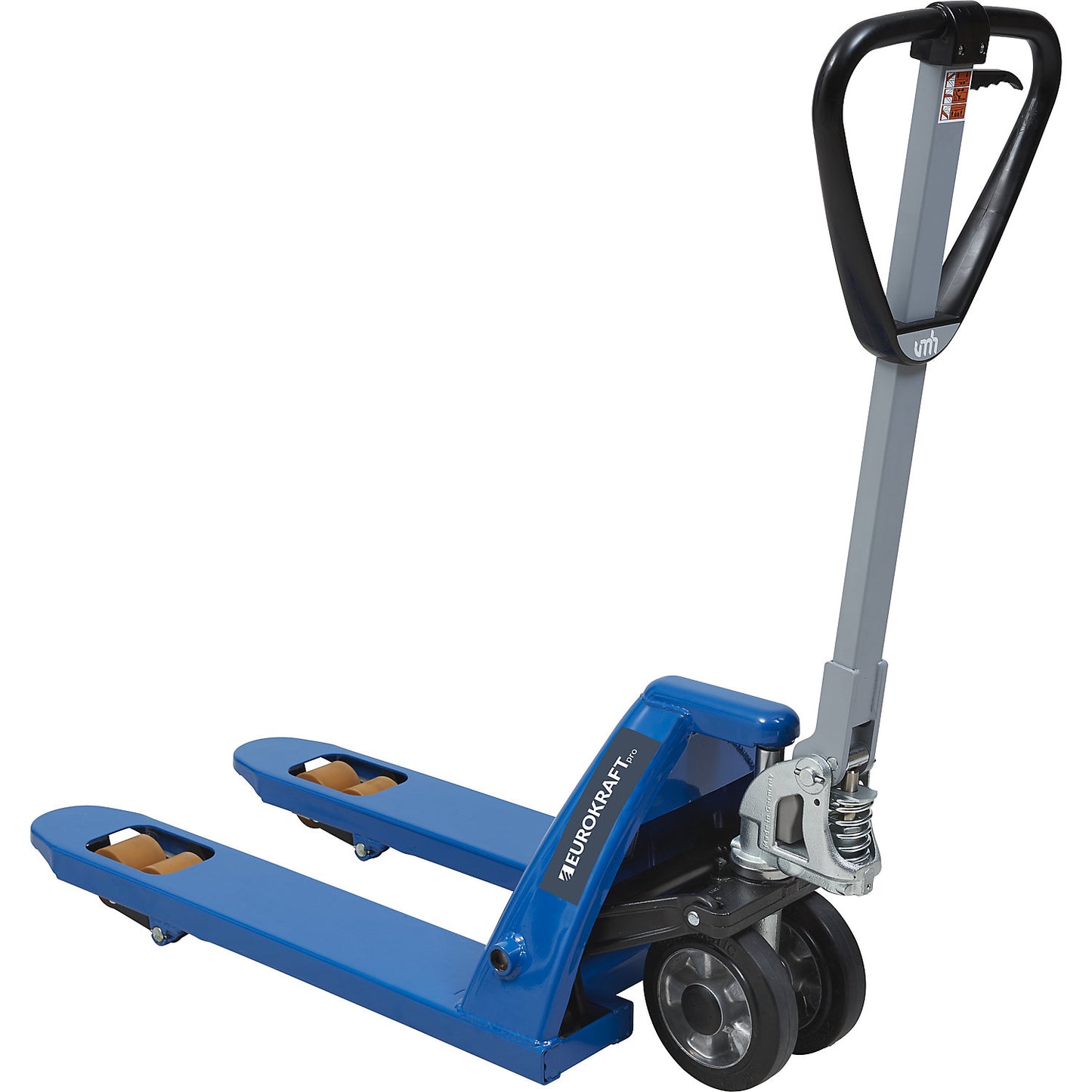 Pallet truck with QuickLift, solid rubber polyurethane castors, fork length 810 mm.