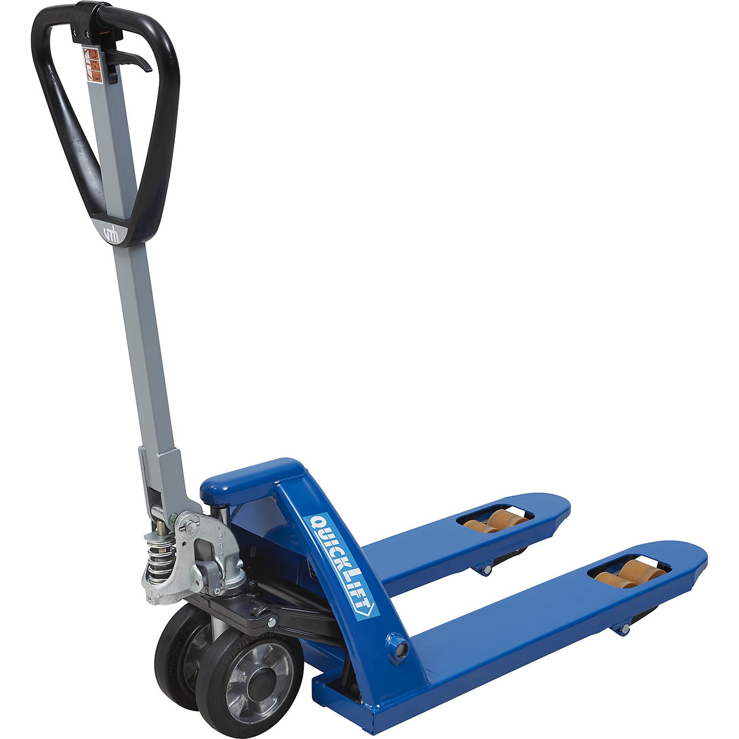 Pallet truck with QuickLift, solid rubber polyurethane castors, fork length 810 mm.