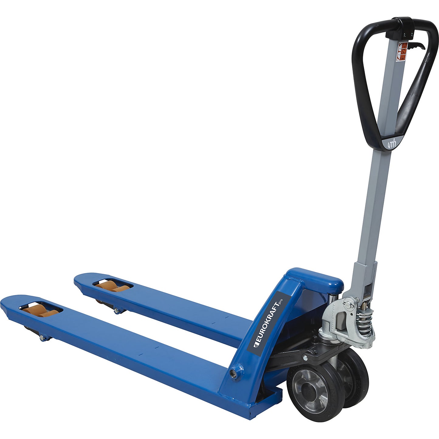 Pallet truck with QuickLift, solid rubber polyurethane castors, fork length 1150 mm.