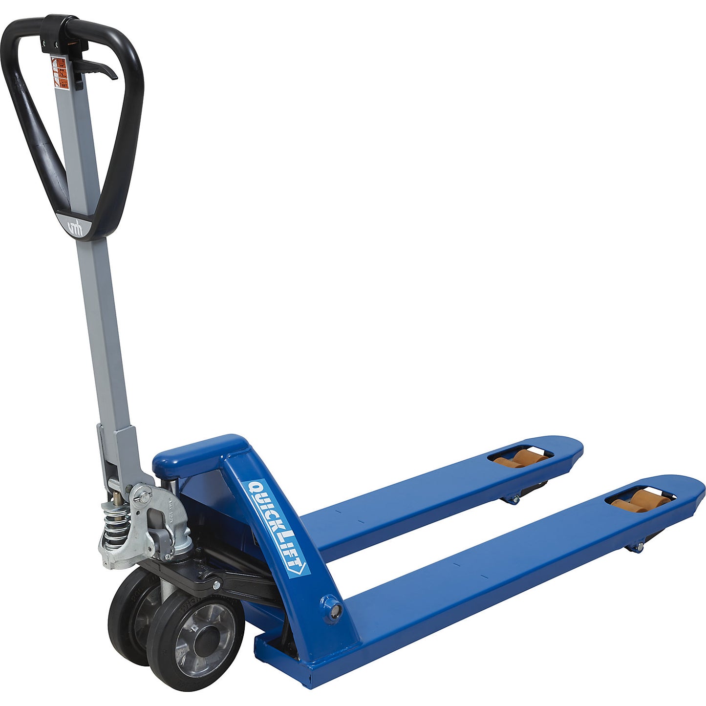Pallet truck with QuickLift, solid rubber polyurethane castors, fork length 1150 mm.