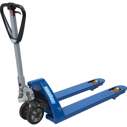 Pallet truck with QuickLift, solid rubber polyurethane castors, fork length 1150 mm.