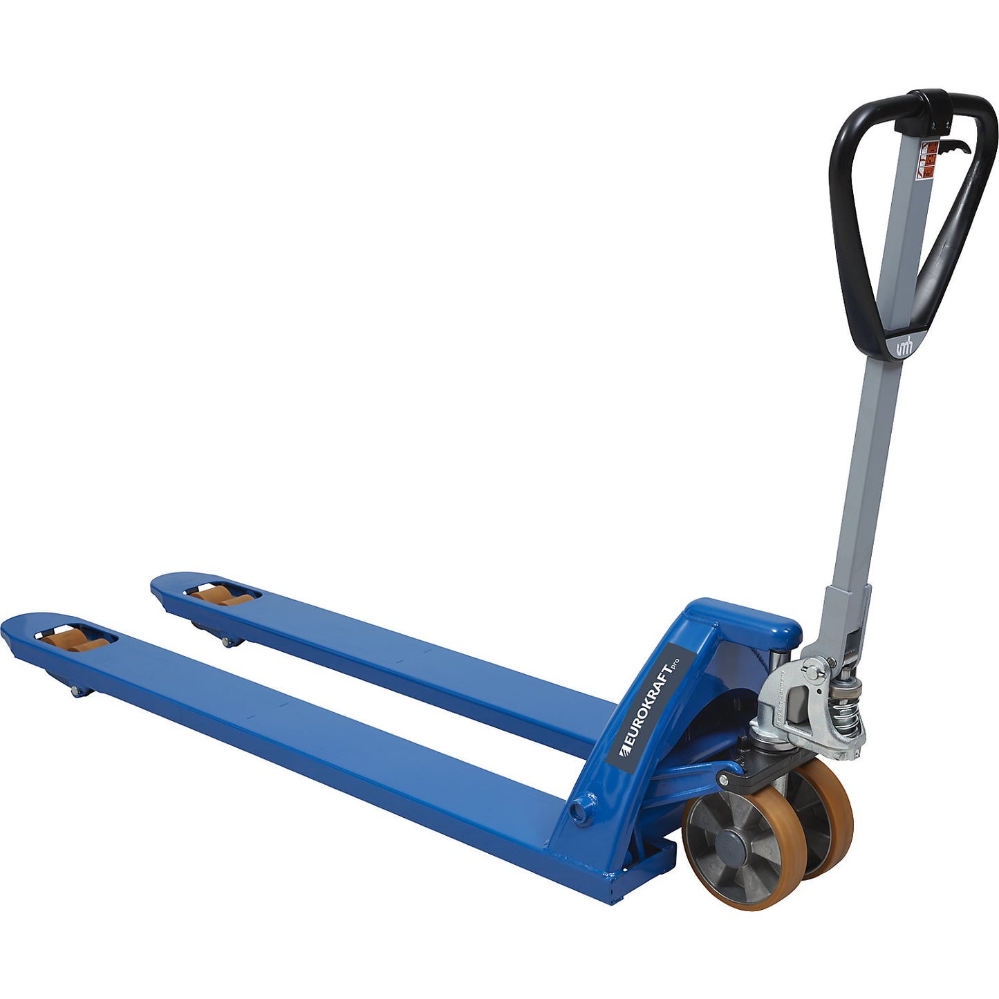 Pallet truck, extra long, base clearance 85 mm, fork length 1500 mm.