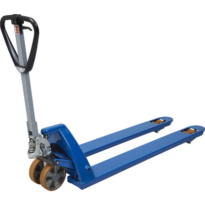Pallet truck, extra long, base clearance 85 mm, fork length 1500 mm.