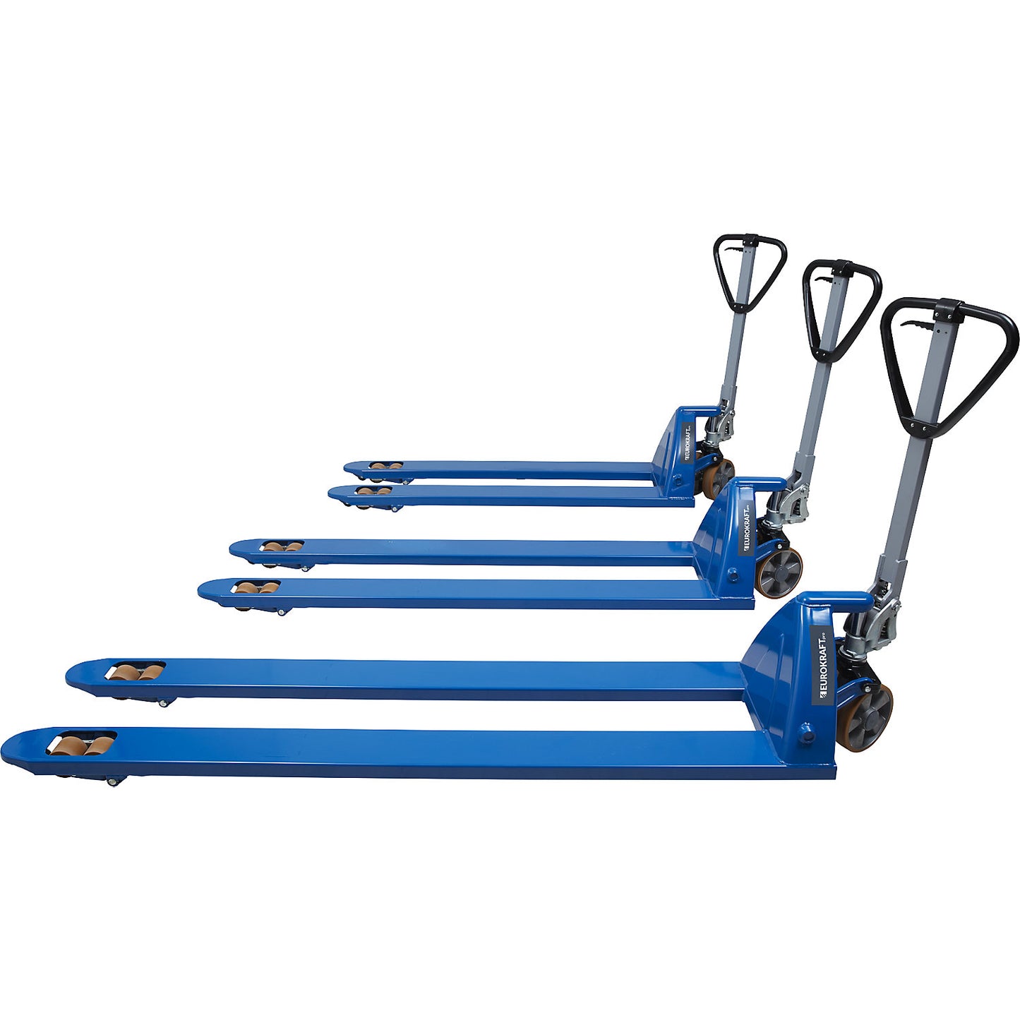 Pallet truck, extra long, base clearance 85 mm, fork length 1500 mm.