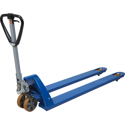 Pallet truck, extra long, base clearance 85 mm, fork length 1800 mm.
