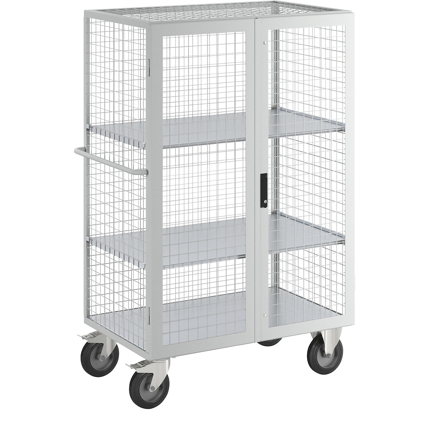ESD shelf truck, double doors, 2 shelves, light grey.