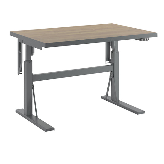 Work table, electrically height adjustable - load capacity 300 kg, height 680 - 1165 mm, oak parquetry worktop, WxD 1200 x 800 mm.