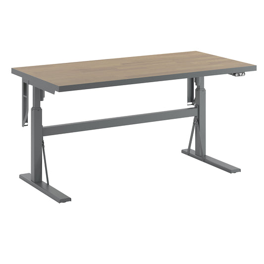 Work table, electrically height adjustable - load capacity 300 kg, height 680 - 1165 mm, oak parquetry worktop, WxD 1600 x 800 mm.