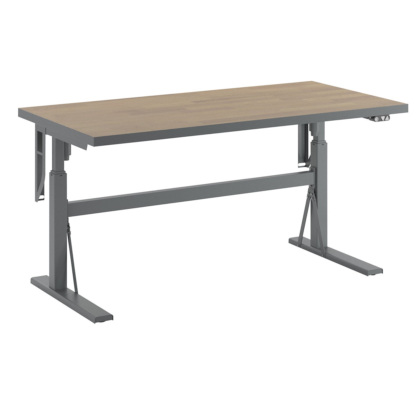 Work table, electrically height adjustable - load capacity 300 kg, height 680 - 1165 mm, oak parquetry worktop, WxD 1600 x 800 mm.