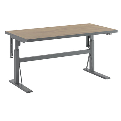 Work table, electrically height adjustable - load capacity 300 kg, height 680 - 1165 mm, oak parquetry worktop, WxD 1600 x 800 mm.