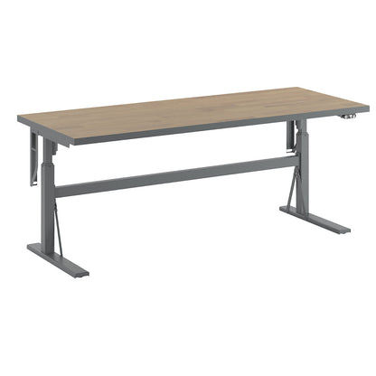 Work table, electrically height adjustable - load capacity 300 kg, height 680 - 1165 mm, oak parquetry worktop, WxD 2000 x 800 mm.
