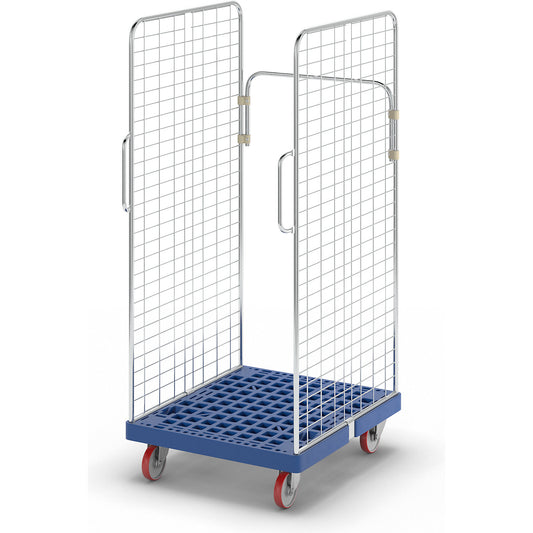 Roll container, 2 side mesh panels with safety handles, gentian blue.