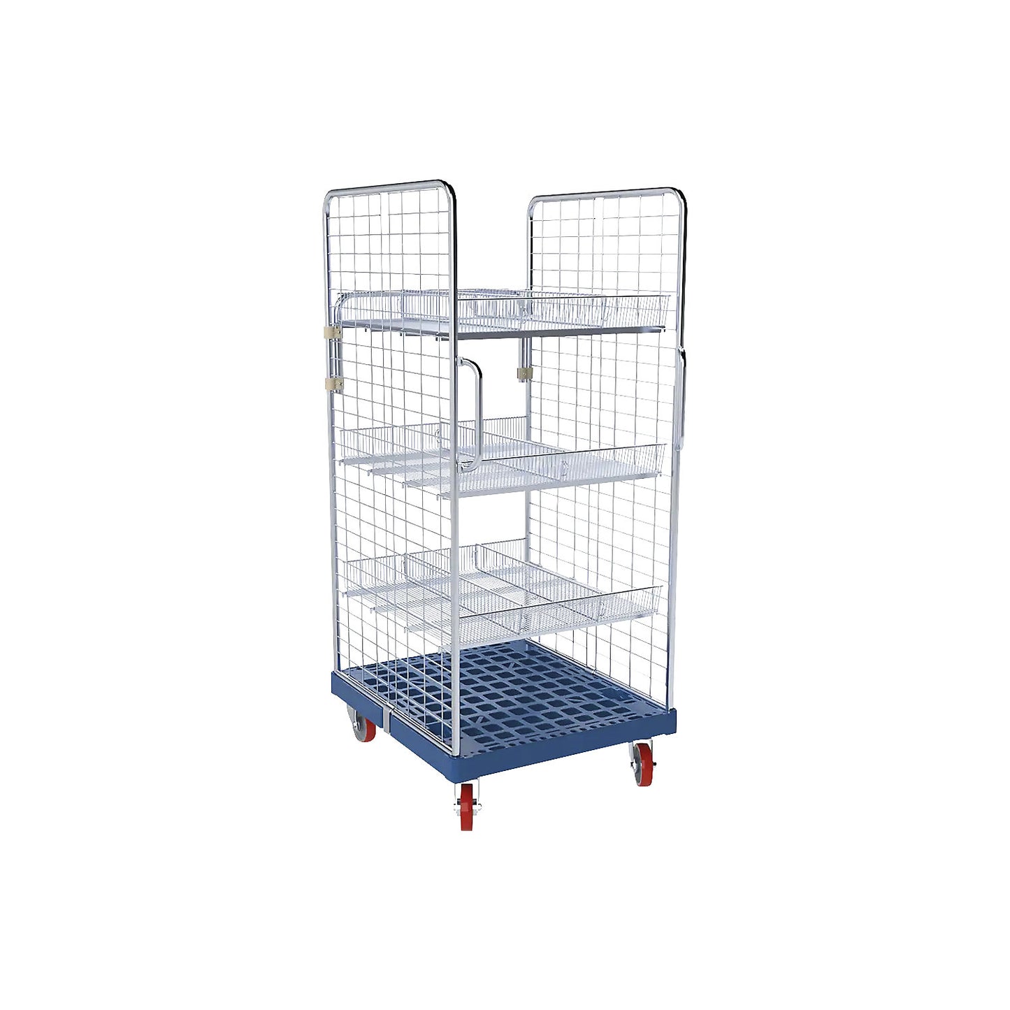 Roll container, 2 side mesh panels with safety handles, traffic green.
