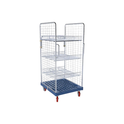 Roll container, 2 side mesh panels with safety handles, traffic green.