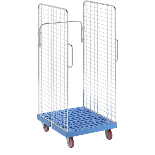 Roll container, 2 side mesh panels with safety handles, light blue.