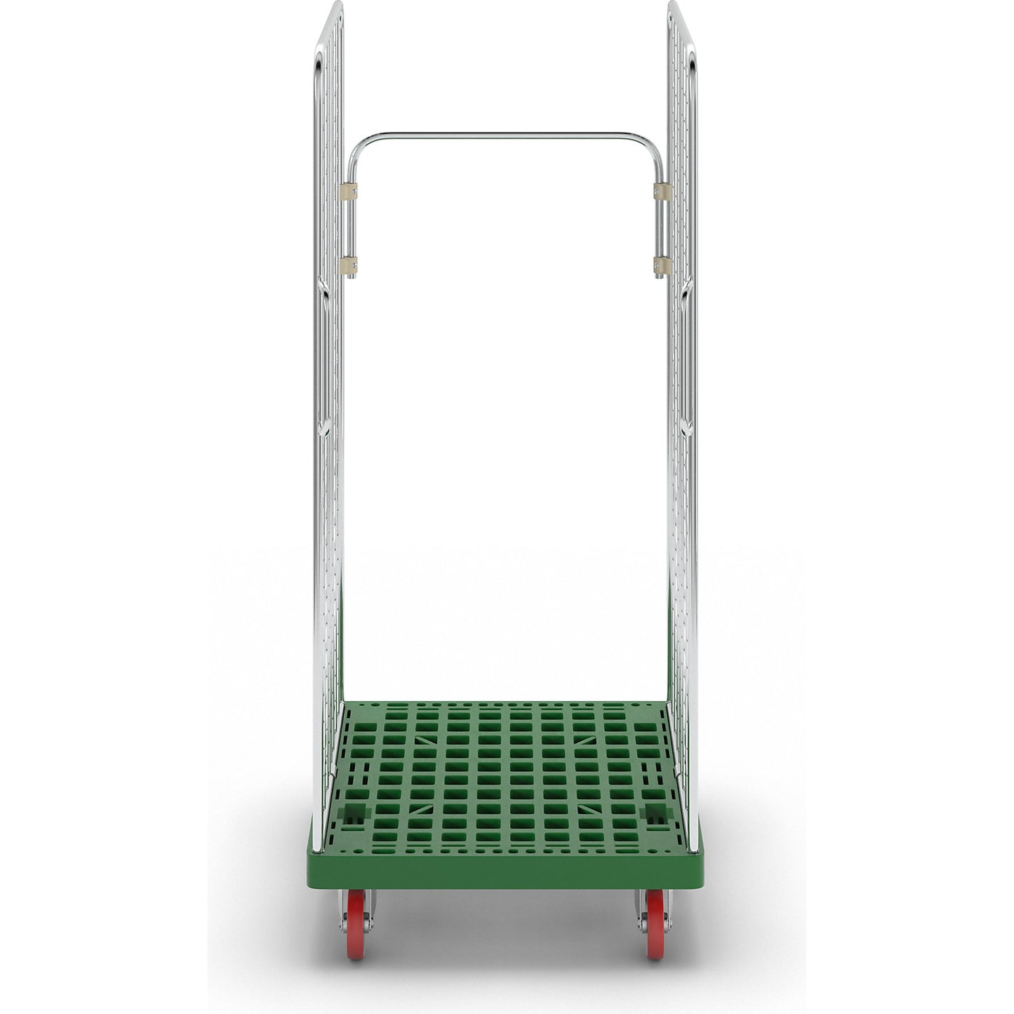 Roll container, 2 side mesh panels with safety handles, traffic green.