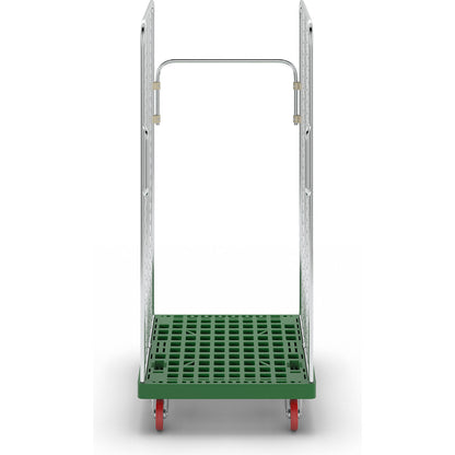 Roll container, 2 side mesh panels with safety handles, traffic green.